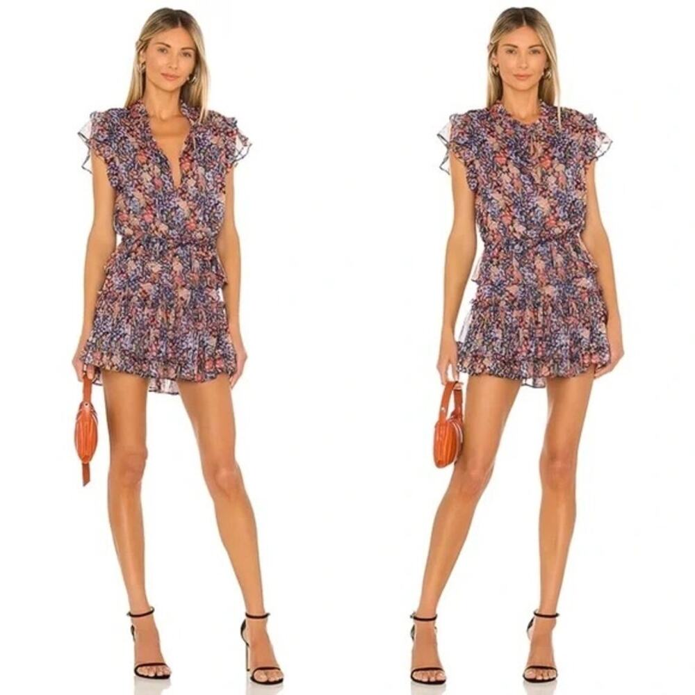 Misa Lilian Multicolor Floral Tassels Ruffle Tiered Mini Fit & Flare Dress Sz L